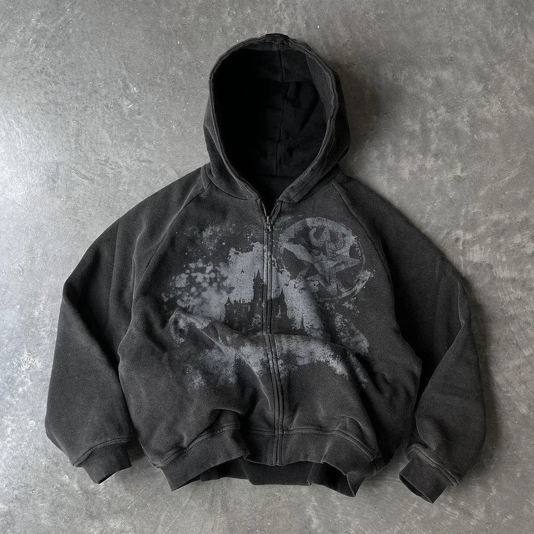 Y2k Gothic Punk Style Printed Star Spot Embroidered Zipper Hoodie Men and Women Fashion Harajuku Retro Oversized Bat Sleeve Top