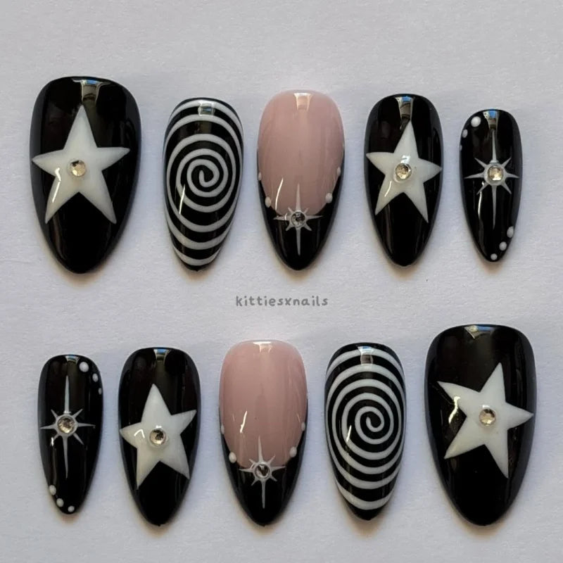 10 pieces of hand-pressed almond-shaped nails, beautiful false nails, featuring black swirl punk stars, suitable for women