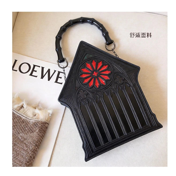 Niche Gothic Chapel Handbag for Women Unique Stained Glass Cathedral Tote Bag Bamboo Crossbody Bag for Dark Grunge Aesthetic