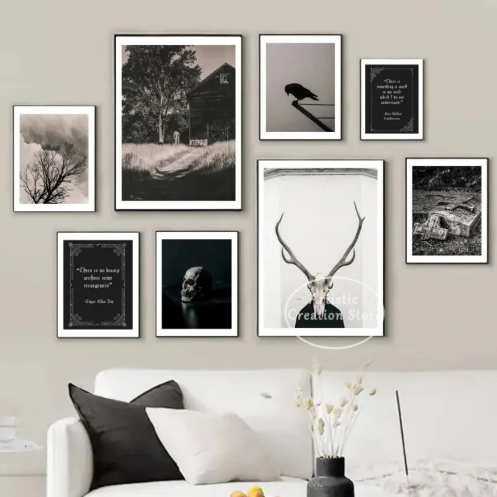 Dark Witchy Horror Goth Skull Crow Macabre Poster Art Canvas Painting Print Pictures Wall for Nordic Family Halloween Decoration