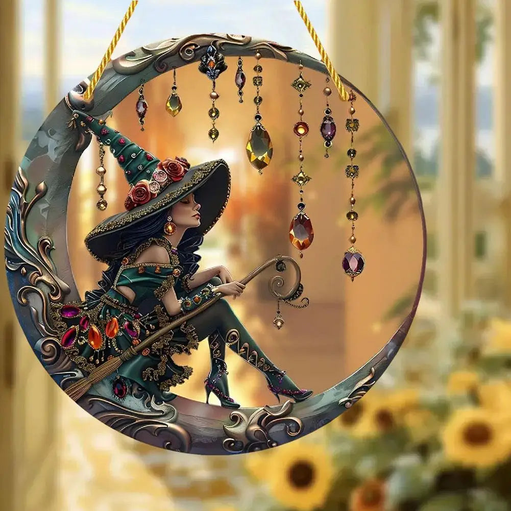 8x8 inch Charming Moonlight Witch Acrylic Stained Glass Window Hanging Sun Catcher Decor Stained Panel Hangings Wall Art Decor