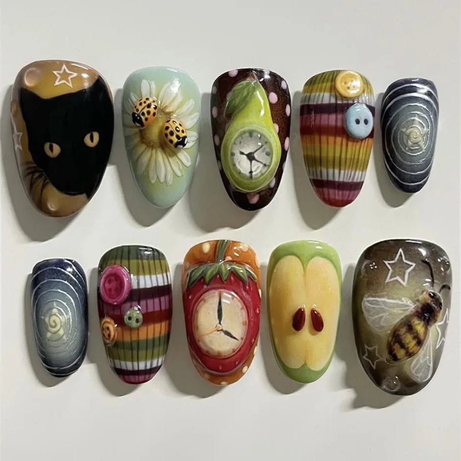 24pcs Vintage Country Style False Nails Cute Cartoon Little Lamb Rabbit Rose Printed Press On Nails Wave Point Bows Fake Nail