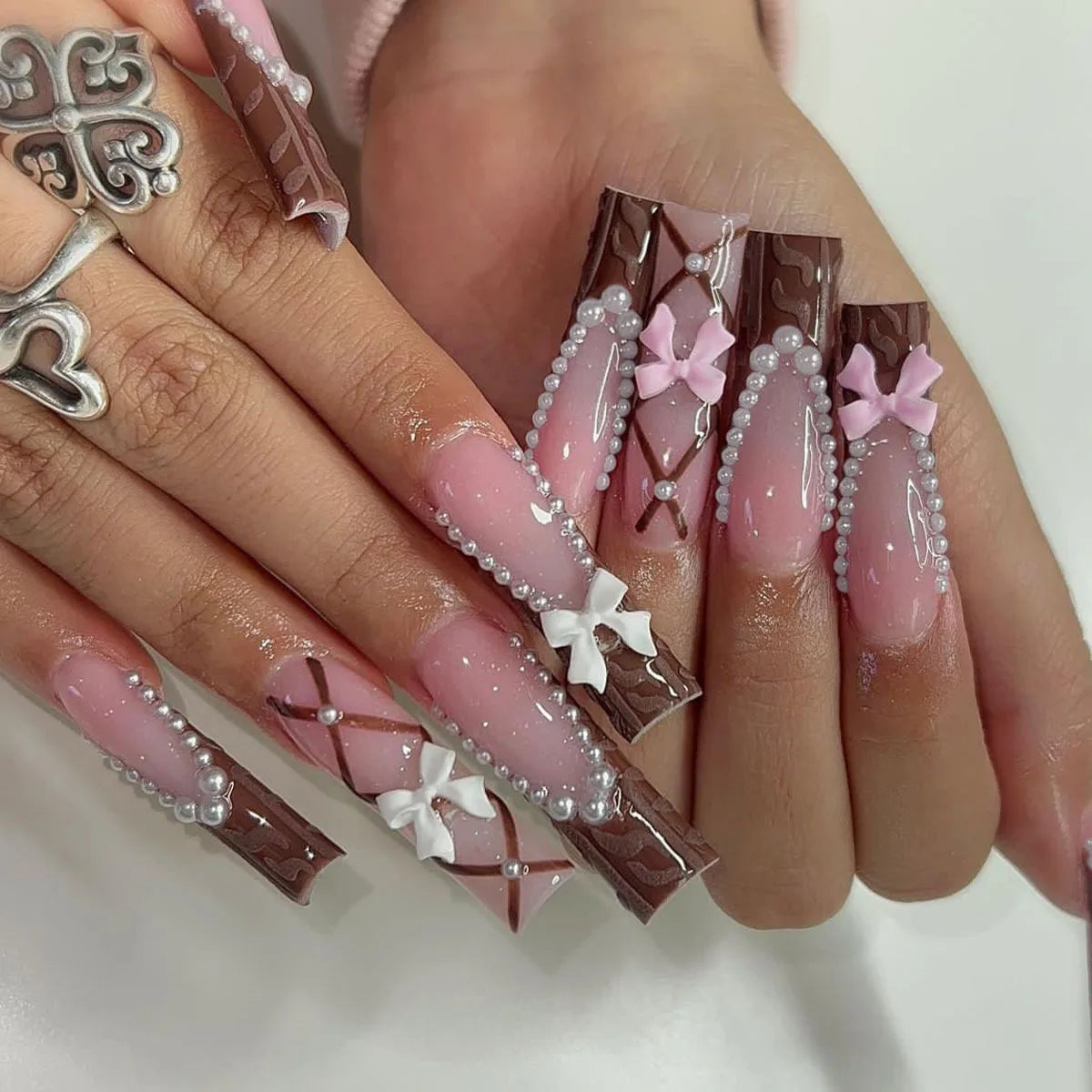 24Pcs Long Coffin French False Nails with Glue Bow Diamond Stick on Press on Acrylic Nails Black Ballerina Nail Art Manicure Tip
