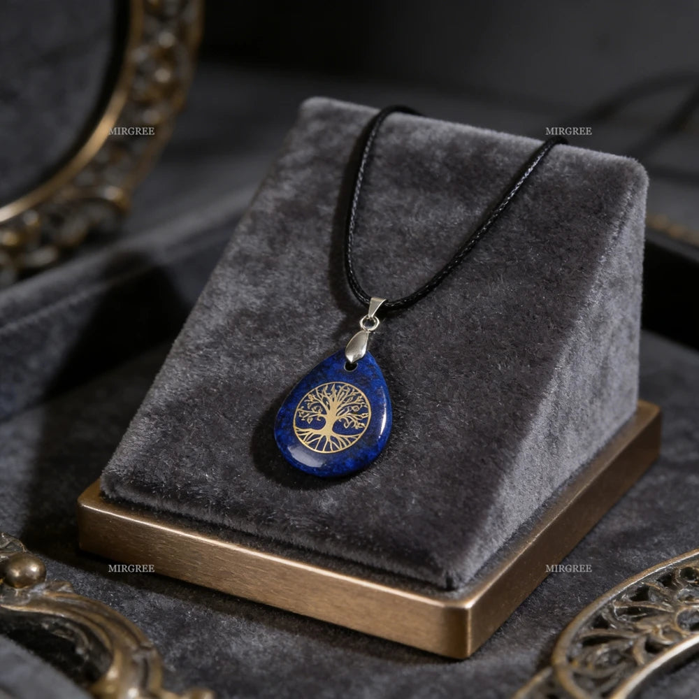 1pc Natural Gemstone Tree of Life Water Drop Pendant Necklace Spiritual Jewelry Birthday and Holiday Gift Jewelry