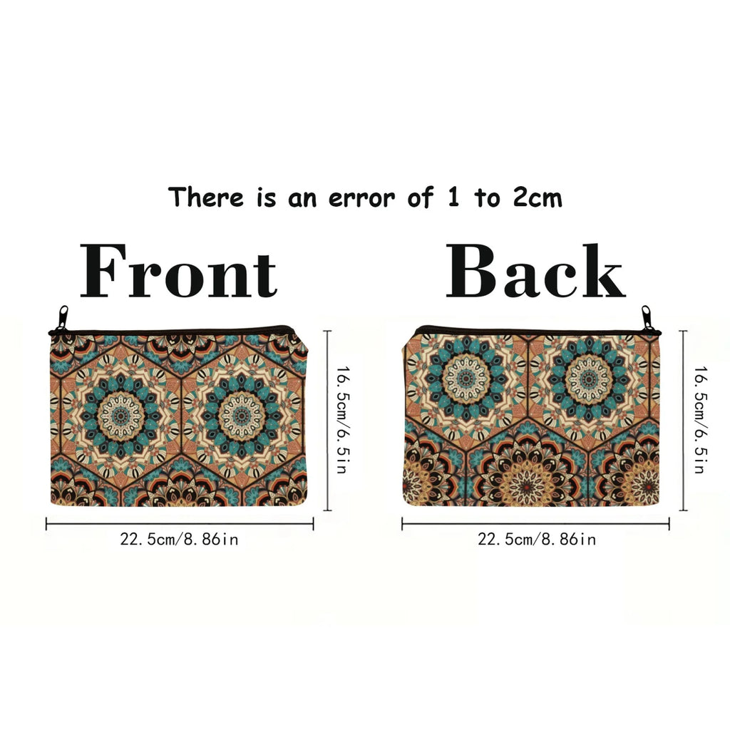 Ethnic Bohemia Art Mandala Zipper Pouch Cosmetic Bag Symmetrical Geometric Florals Blue Brown Beige Soft Canvas Zipper Closure