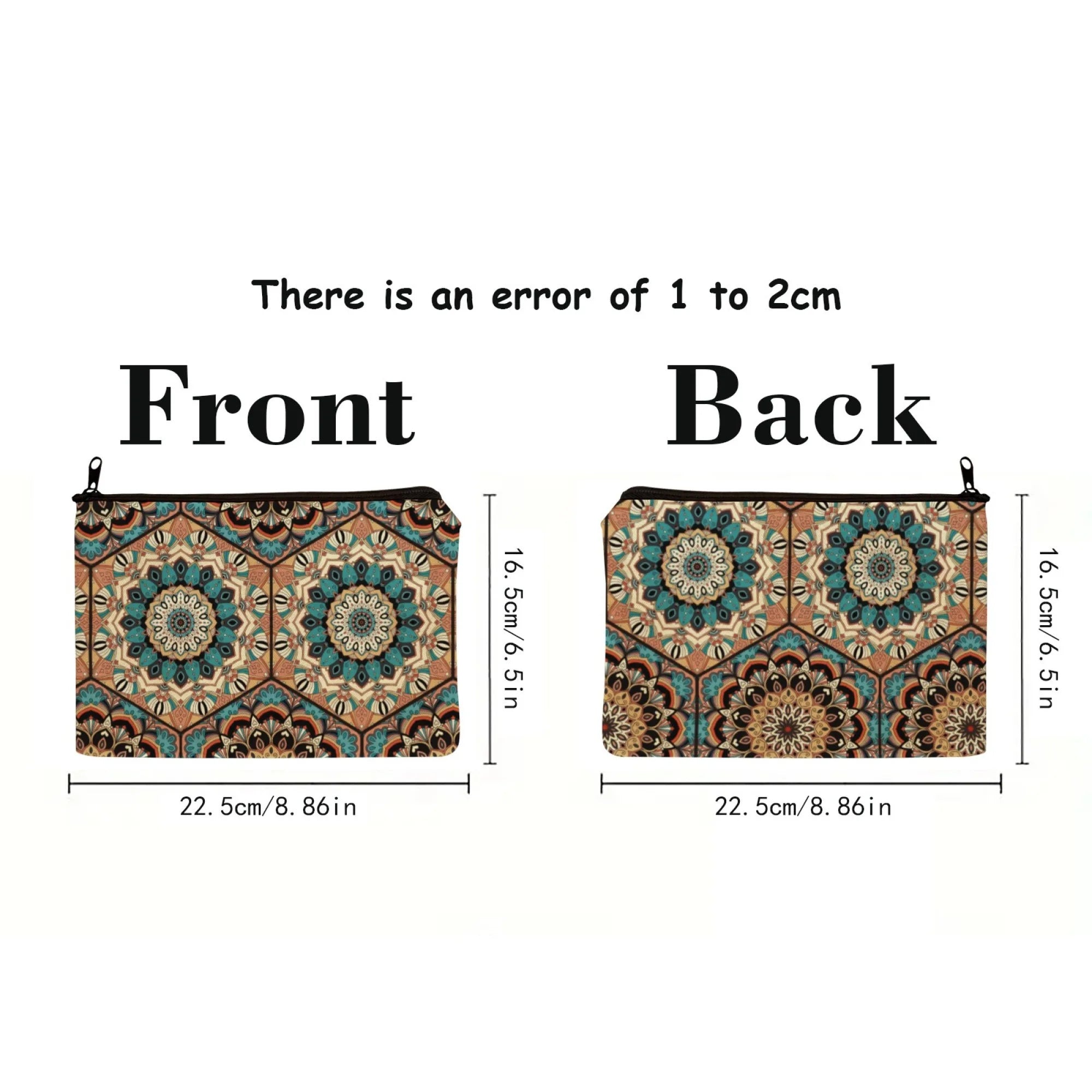 Ethnic Bohemia Art Mandala Zipper Pouch Cosmetic Bag Symmetrical Geometric Florals Blue Brown Beige Soft Canvas Zipper Closure
