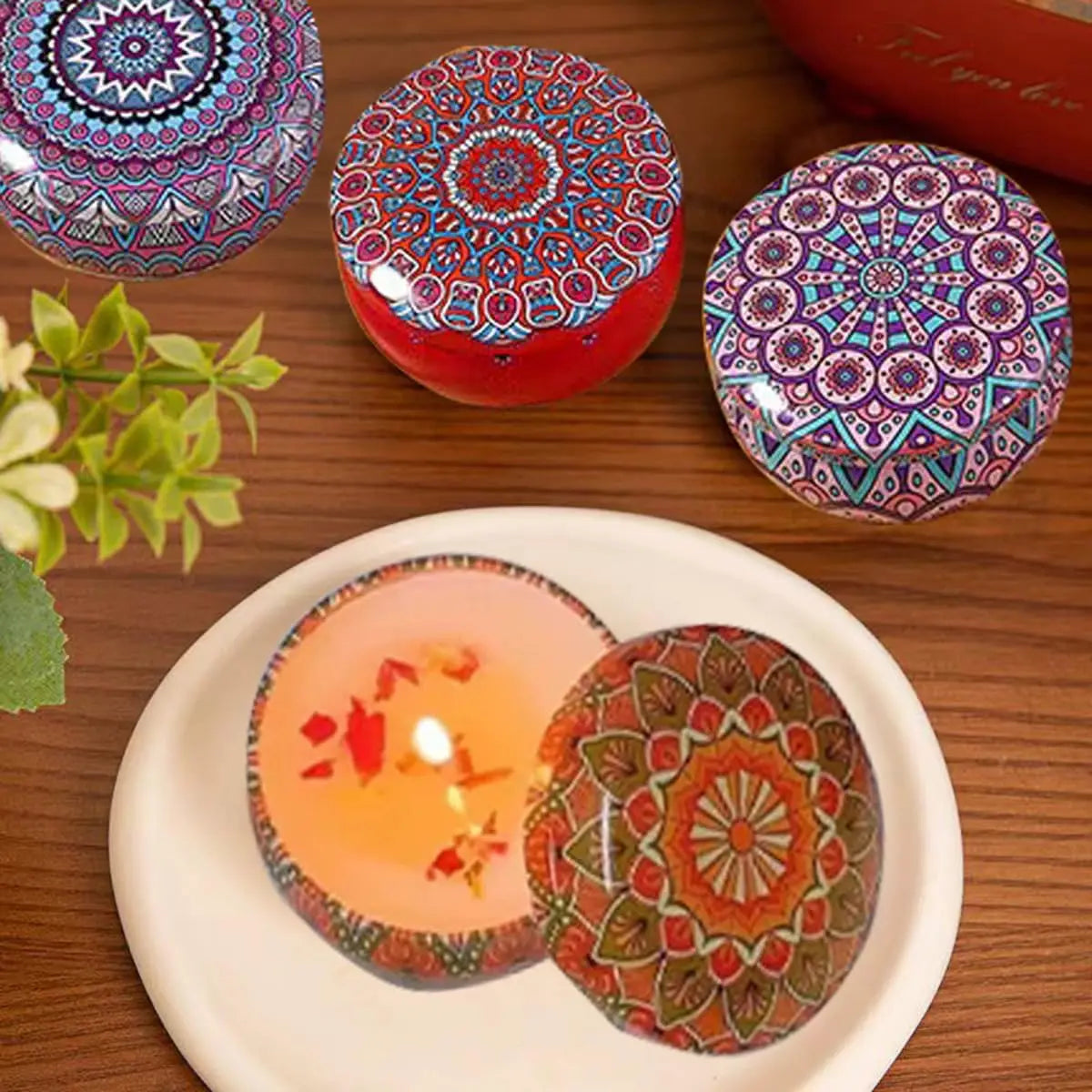 Small Mandala Scented Candle in Tin, 2.36in with Dried Flowers, for Home Decor, Relaxation & Gifting, 40-50H Burn Time