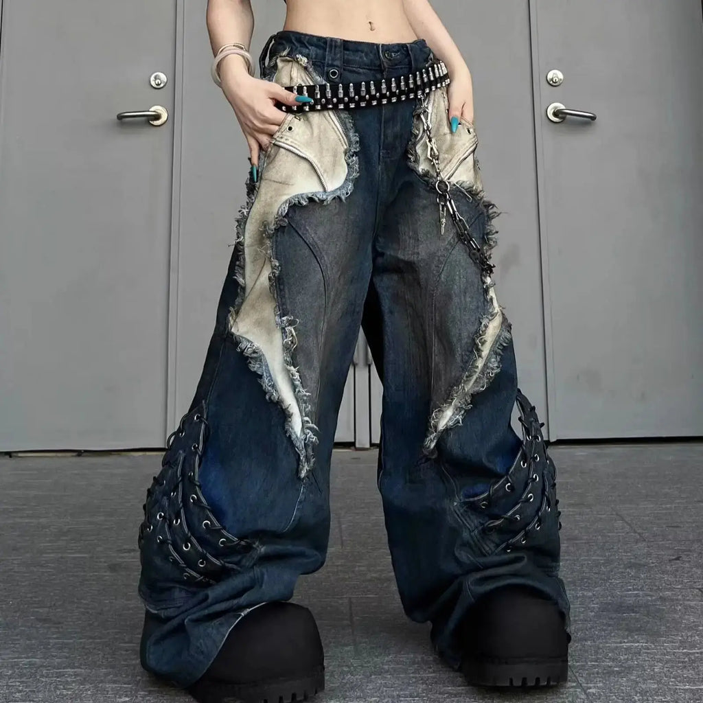 Vintage Patchwork Distressed Jeans Hip Hop Loose Wide Leg Cargo Pants Women's Washed Distressed Denim Trousers