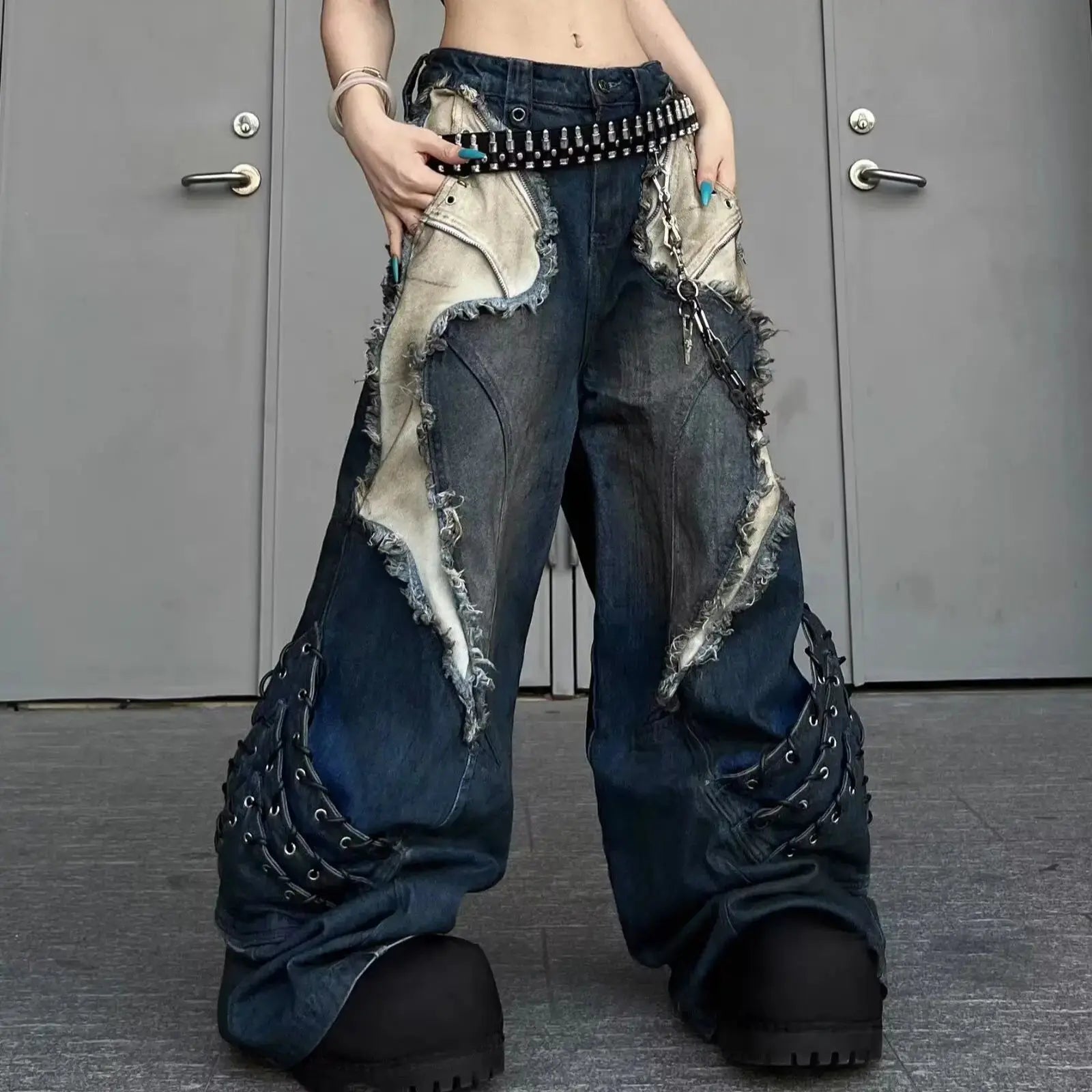 Vintage Patchwork Distressed Jeans Hip Hop Loose Wide Leg Cargo Pants Women's Washed Distressed Denim Trousers