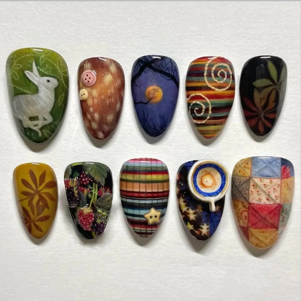24pcs Vintage Country Style False Nails Cute Cartoon Little Lamb Rabbit Rose Printed Press On Nails Wave Point Bows Fake Nail