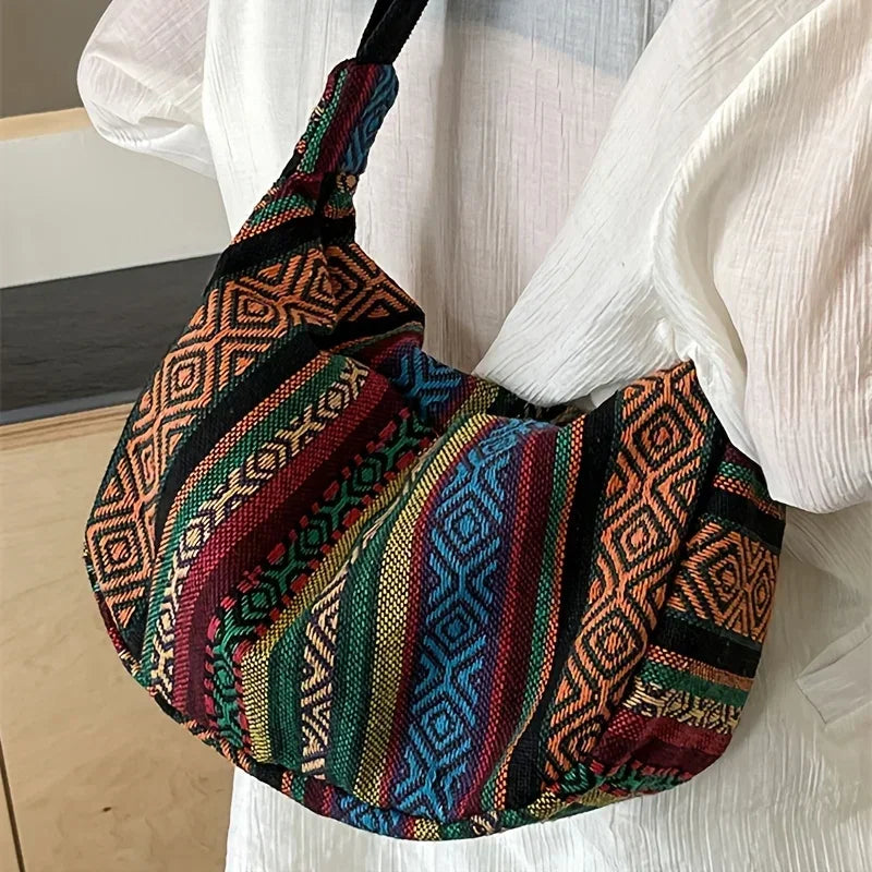 Tribal Style Shoulder Bag, Foldable Crossbody with Zipper Closure, Striped Pattern, Edge Painted Lining