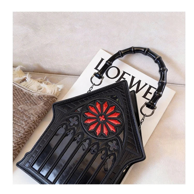Niche Gothic Chapel Handbag for Women Unique Stained Glass Cathedral Tote Bag Bamboo Crossbody Bag for Dark Grunge Aesthetic