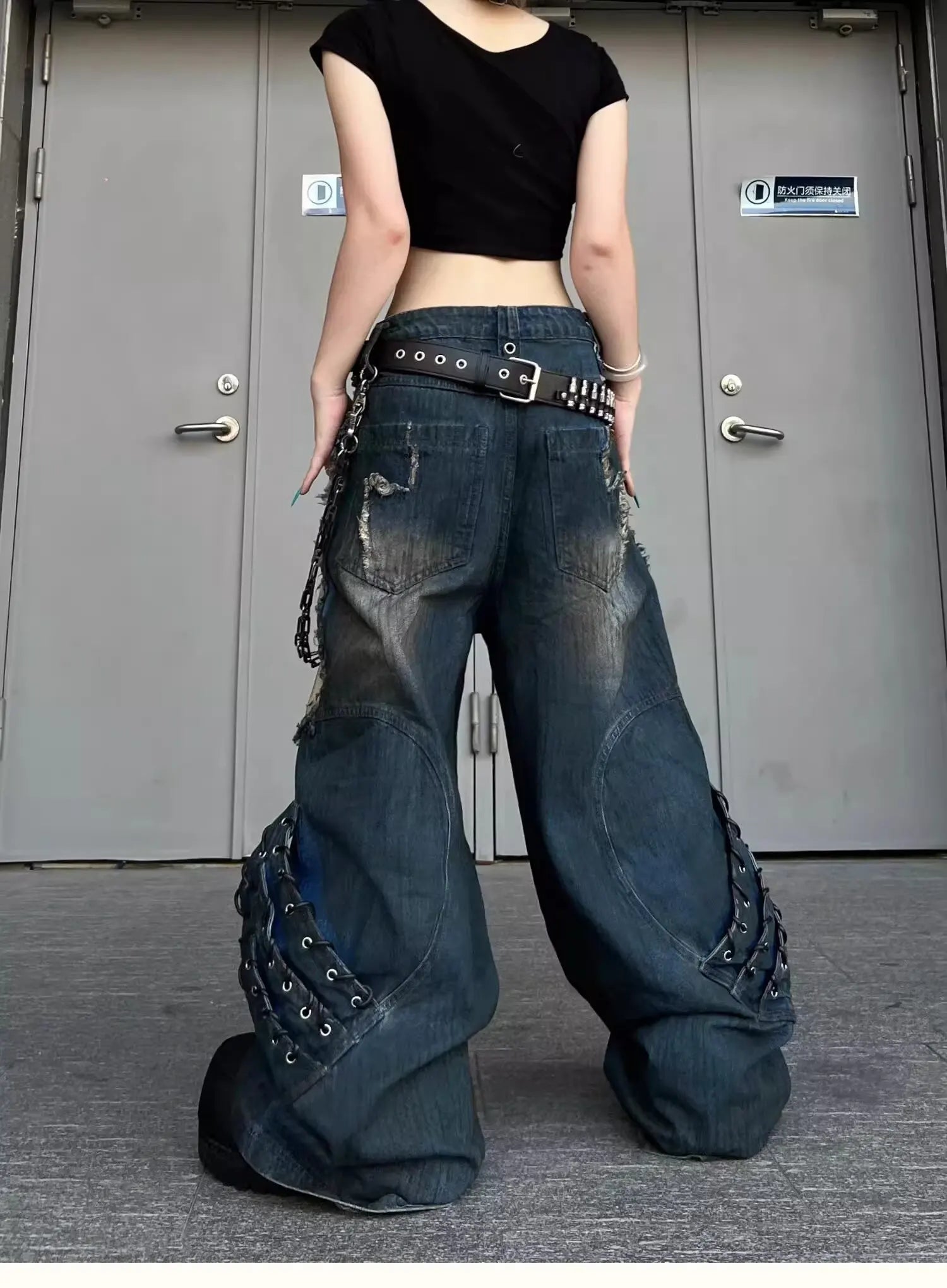 Vintage Patchwork Distressed Jeans Hip Hop Loose Wide Leg Cargo Pants Women's Washed Distressed Denim Trousers