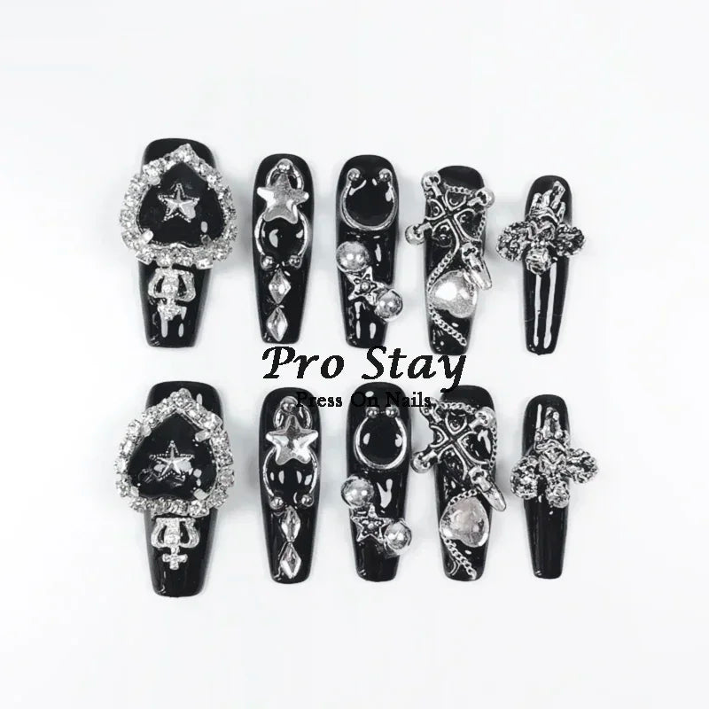 10pcs Dark black Y2k Hot Girl Handmade Press On Nails Sweet Cool  With Diamond Metal Decoration Wearable Artificial False Nail