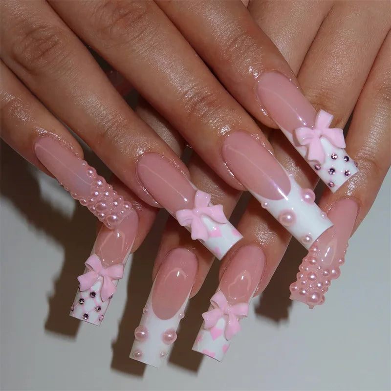 24Pcs Long Coffin French False Nails with Glue Bow Diamond Stick on Press on Acrylic Nails Black Ballerina Nail Art Manicure Tip