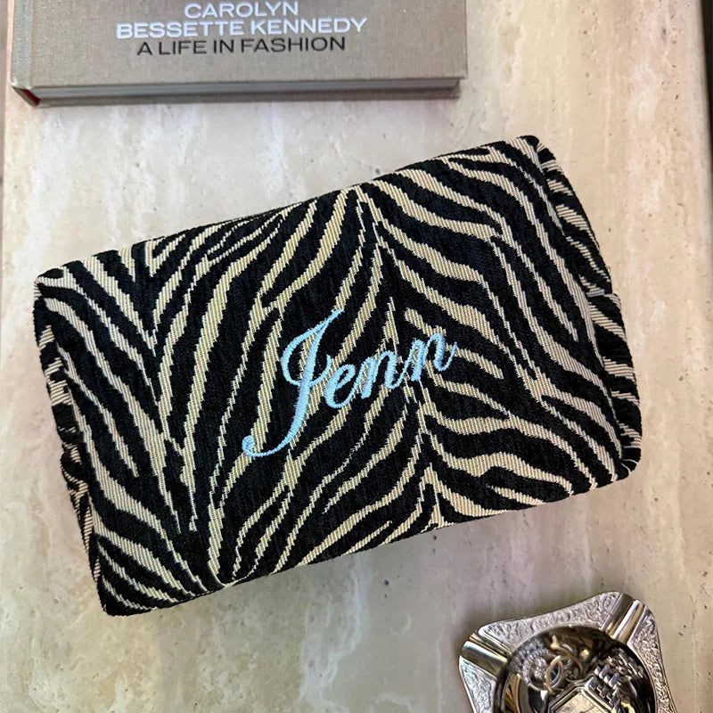 Personalized Embroidery Name Leopard Print Cosmetic Bag Zipper Makeup Bag Wedding Gifts Women Bride's Bridesmaid Travel Bag