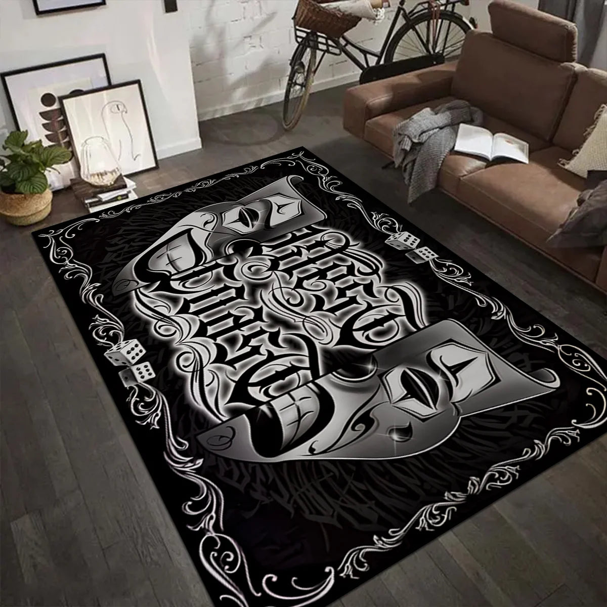 Streetwear Tattoo Letter Rug, Black and White Gothic Non-Slip Floor Mat for Bedroom & Living Room, Chic Dark Home Decor Carpet