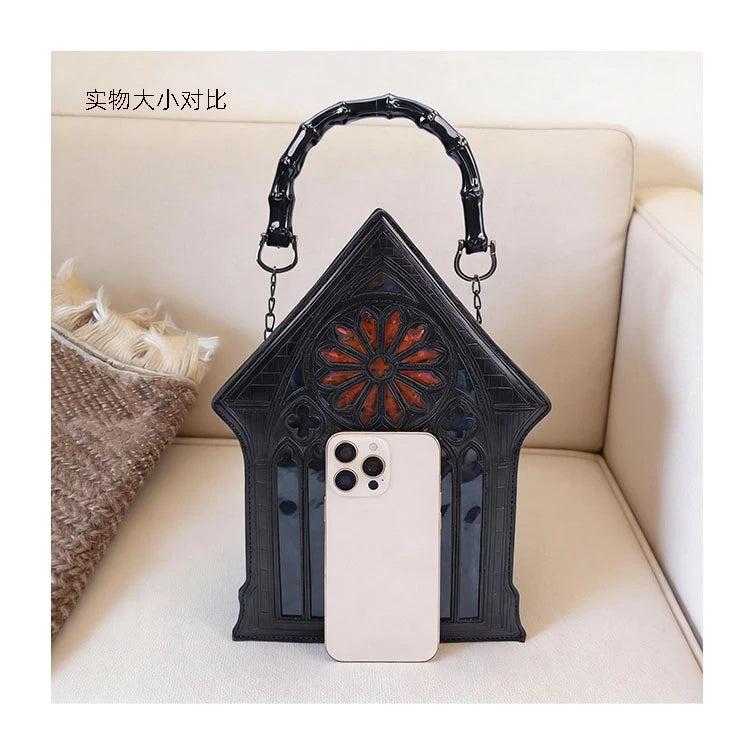 Niche Gothic Chapel Handbag for Women Unique Stained Glass Cathedral Tote Bag Bamboo Crossbody Bag for Dark Grunge Aesthetic