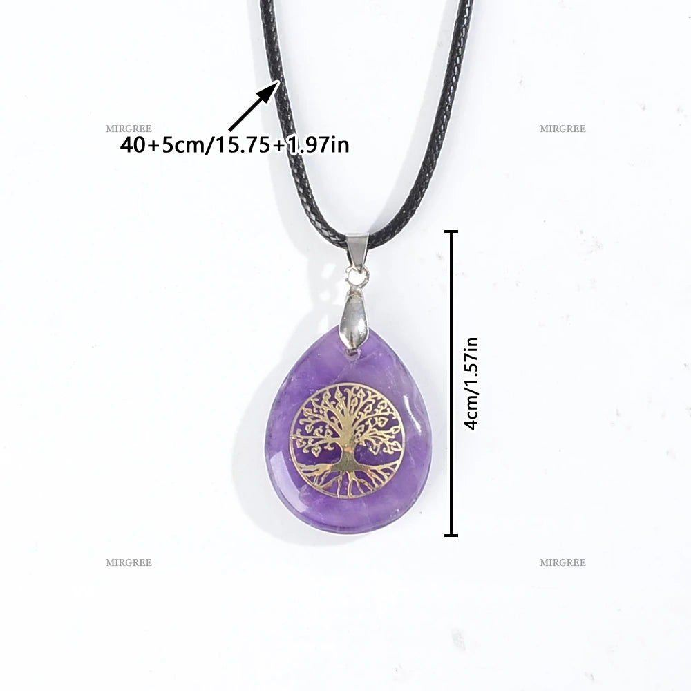 1pc Natural Gemstone Tree of Life Water Drop Pendant Necklace Spiritual Jewelry Birthday and Holiday Gift Jewelry