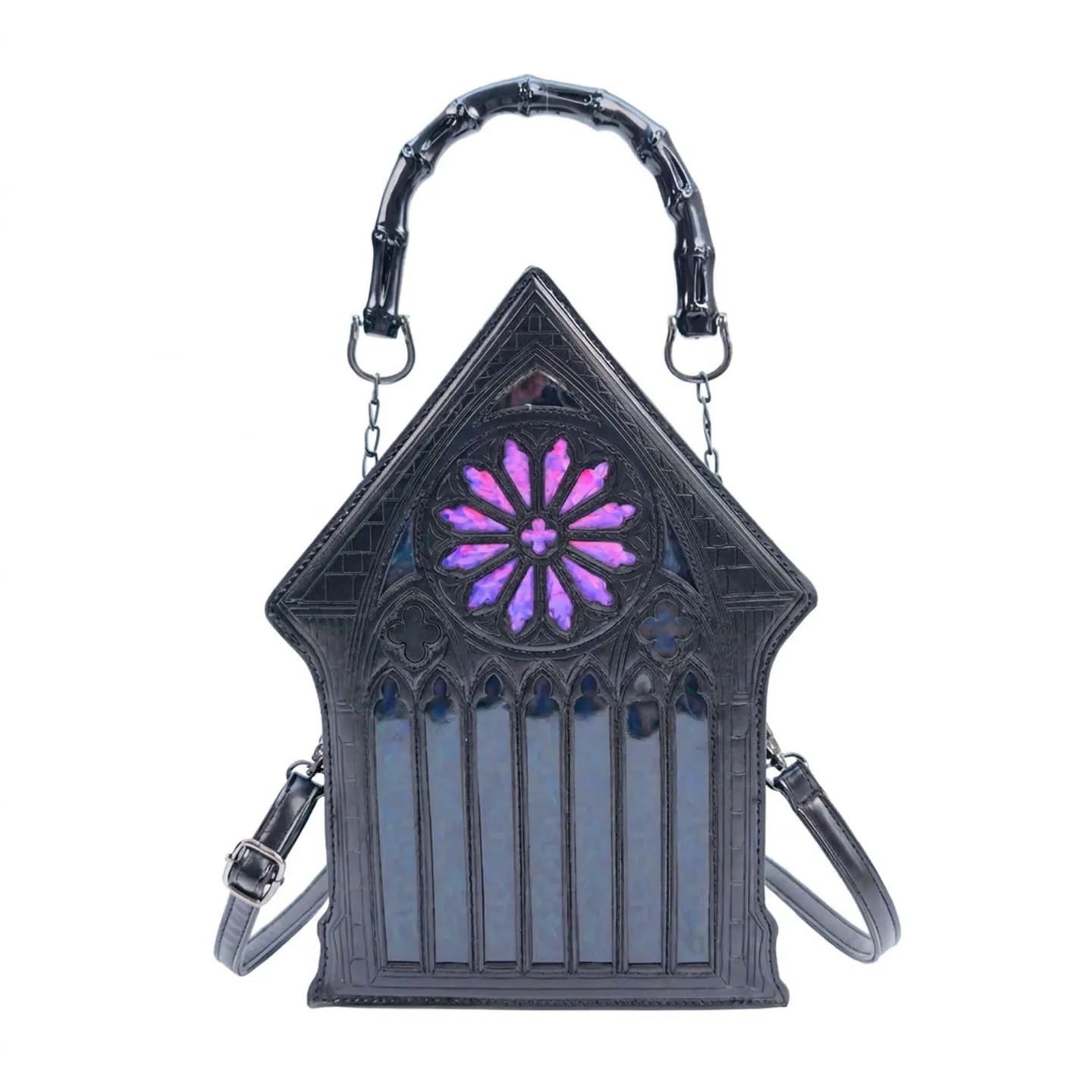 Niche Gothic Chapel Handbag for Women Unique Stained Glass Cathedral Tote Bag Bamboo Crossbody Bag for Dark Grunge Aesthetic