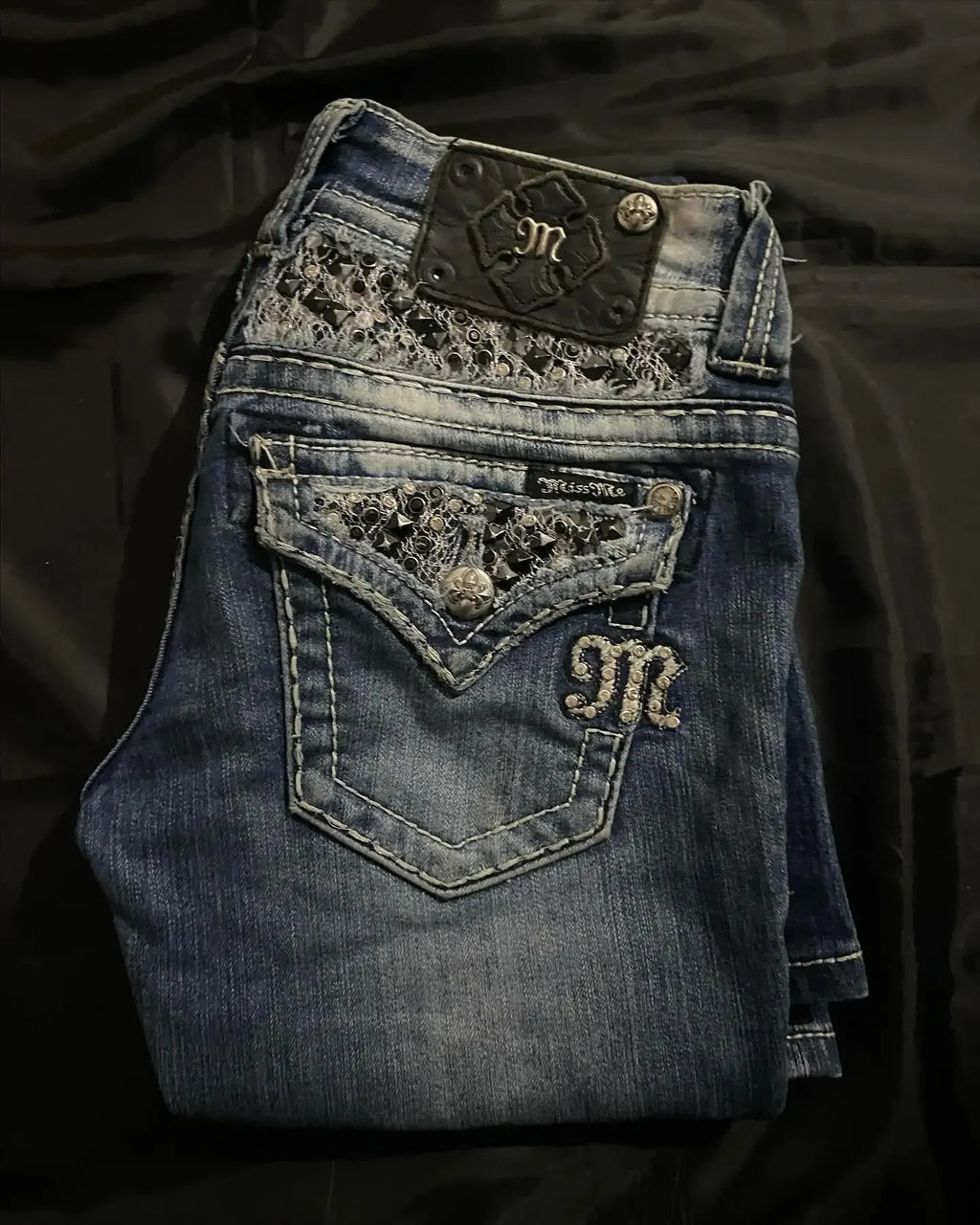 American Retro Y2K Rhinestone Lace Pocket Jeans Womens Low Waist Worn Baggy Jeans Fashionable Casual Wide Leg Trousers