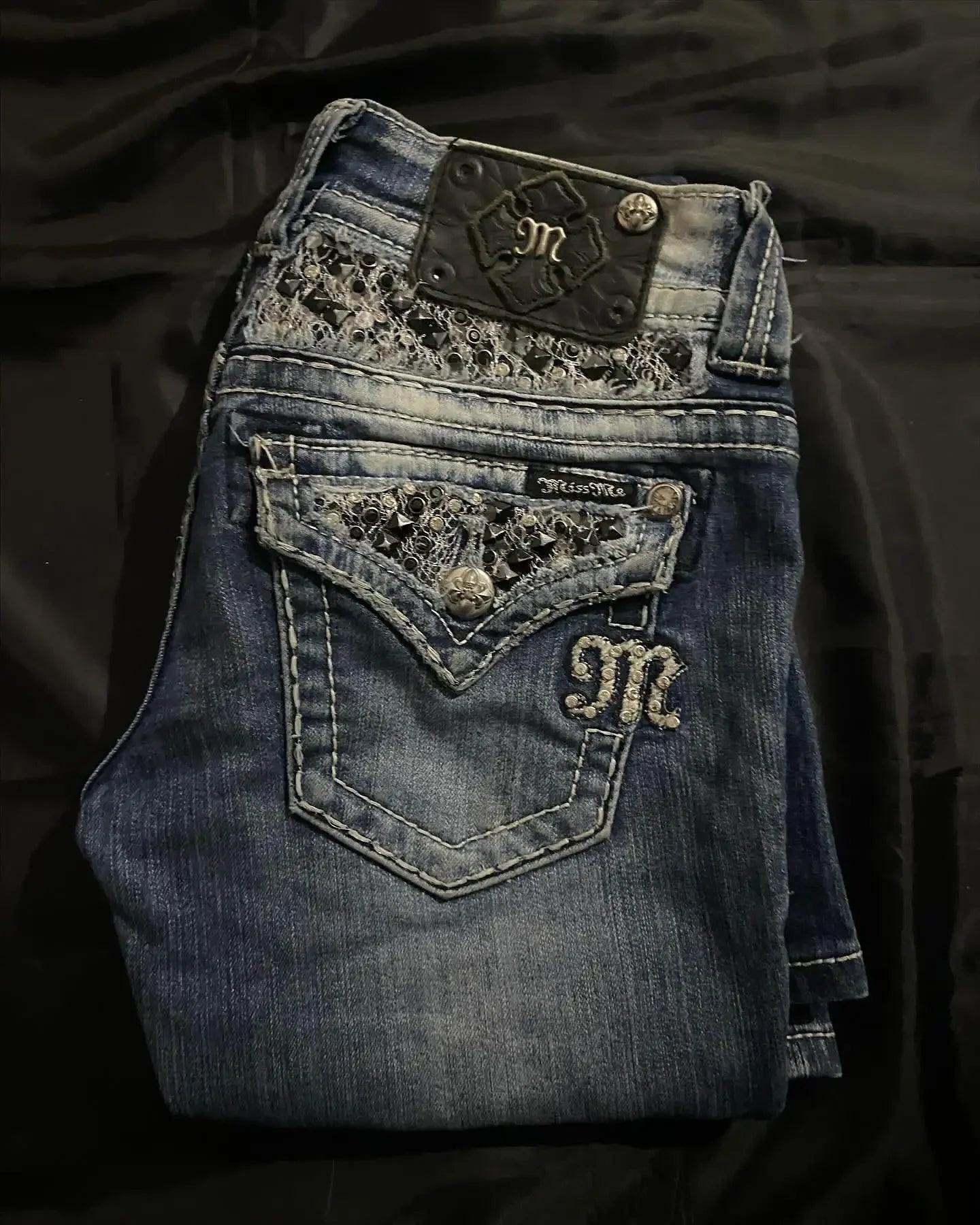 American Retro Y2K Rhinestone Lace Pocket Jeans Womens Low Waist Worn Baggy Jeans Fashionable Casual Wide Leg Trousers
