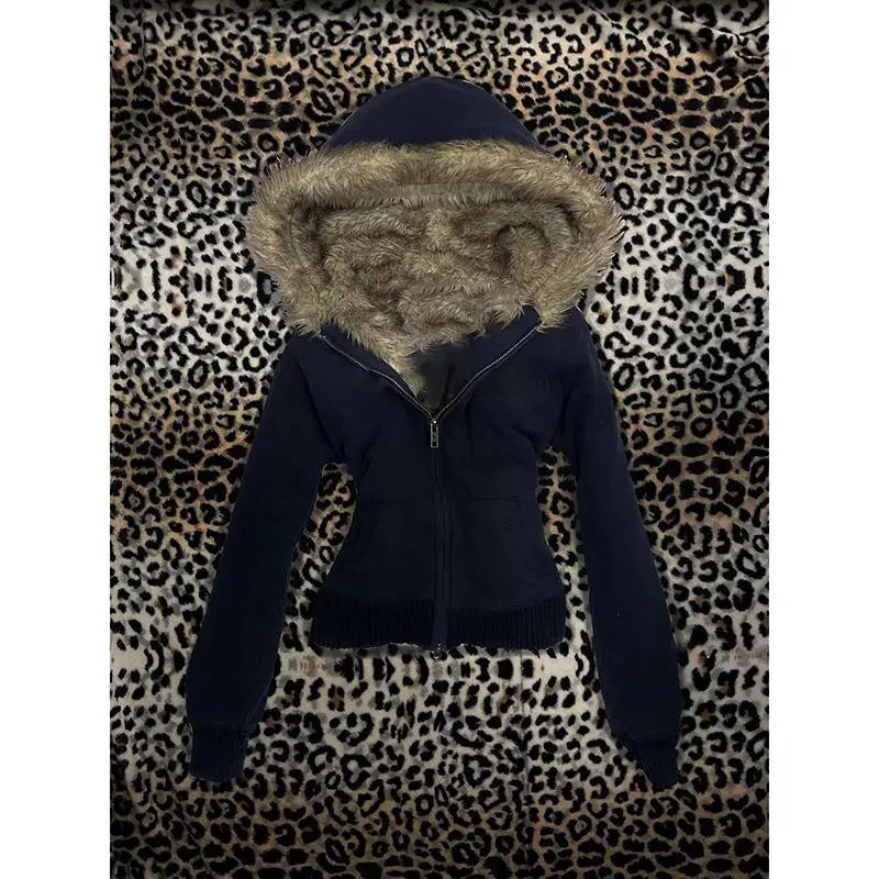Y2K Spicy girl style plush hooded short zipper sweatshirt Studded white cropped Zip Hoodies personality Sweet Cool Zipper coat