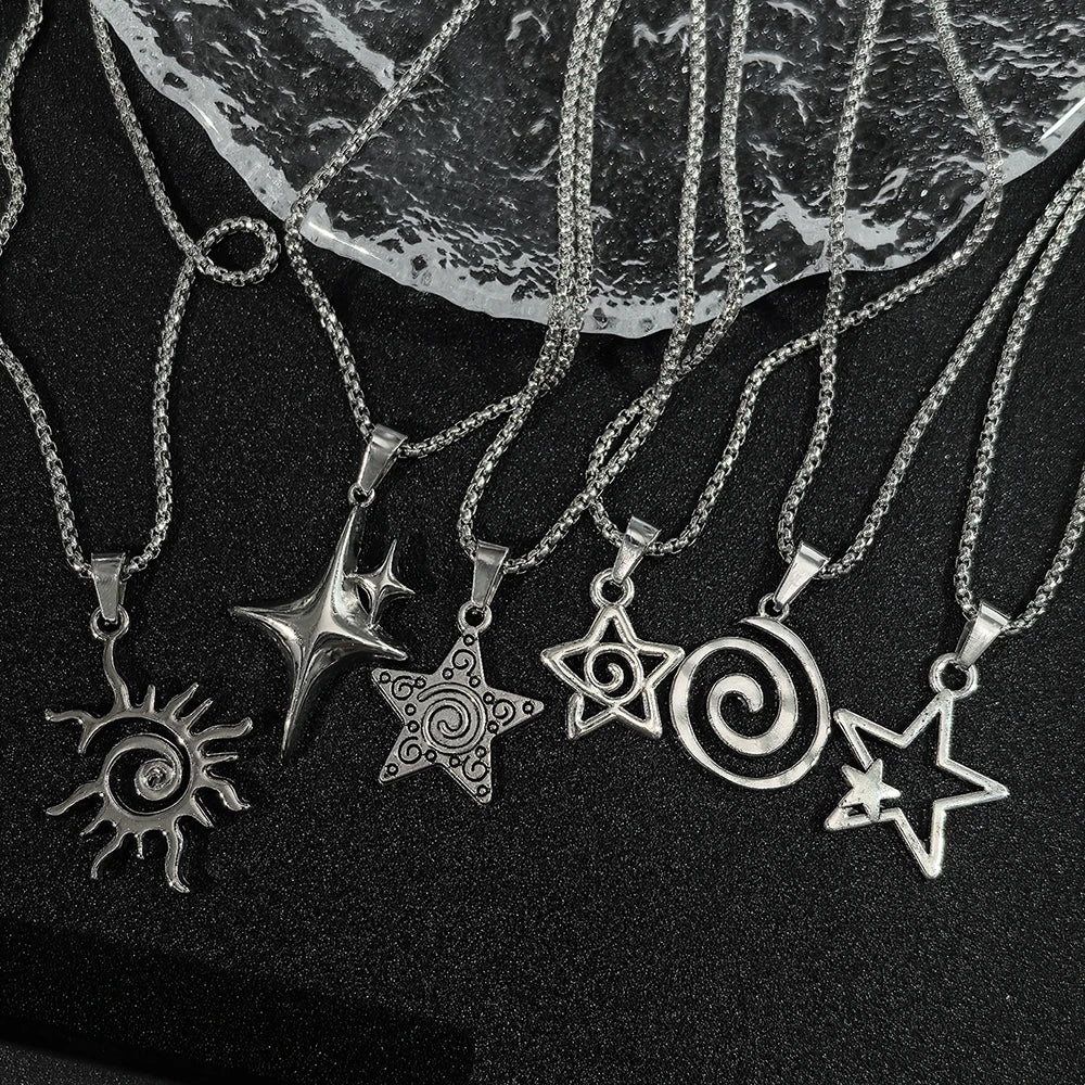 Y2K Star & Sun Spiral Pendant Necklace Silver Tone Minimalist Layered Necklaces for Women Daily Wear