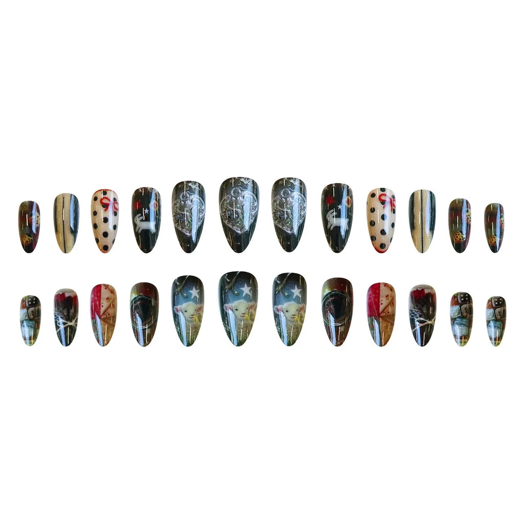 24pcs Vintage Country Style False Nails Cute Cartoon Little Lamb Rabbit Rose Printed Press On Nails Wave Point Bows Fake Nail