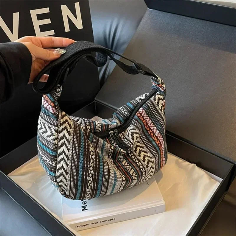 Tribal Style Shoulder Bag, Foldable Crossbody with Zipper Closure, Striped Pattern, Edge Painted Lining