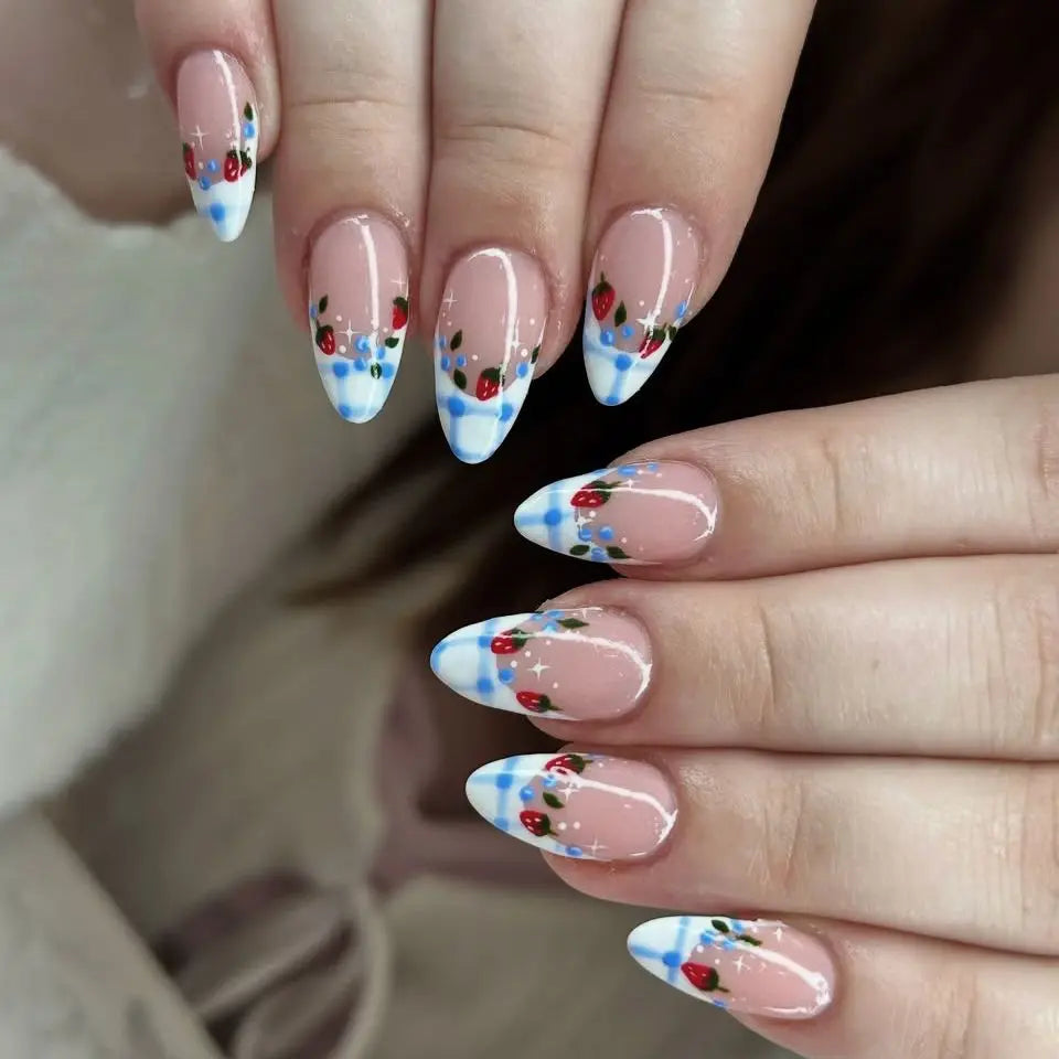 24pcs Vintage Country Style False Nails Cute Cartoon Little Lamb Rabbit Rose Printed Press On Nails Wave Point Bows Fake Nail