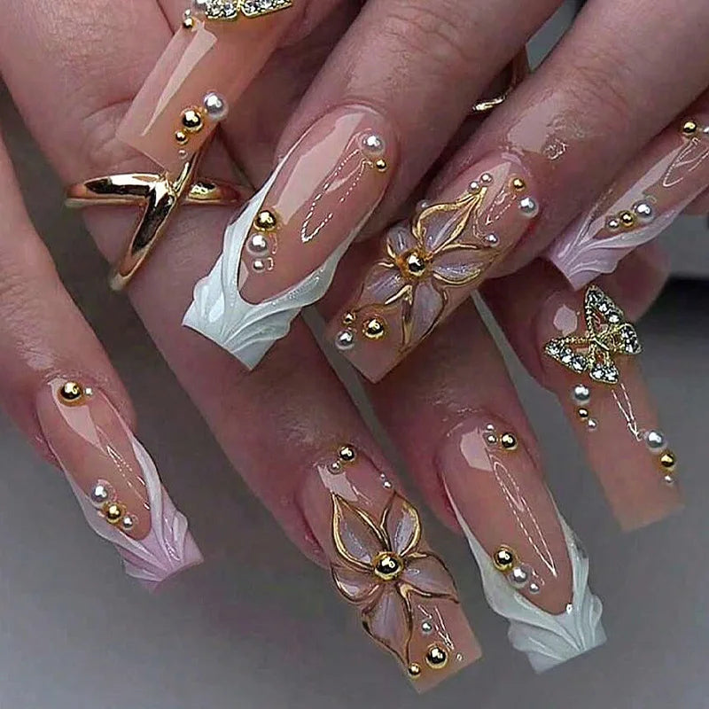 24Pcs Long Coffin French False Nails with Glue Bow Diamond Stick on Press on Acrylic Nails Black Ballerina Nail Art Manicure Tip