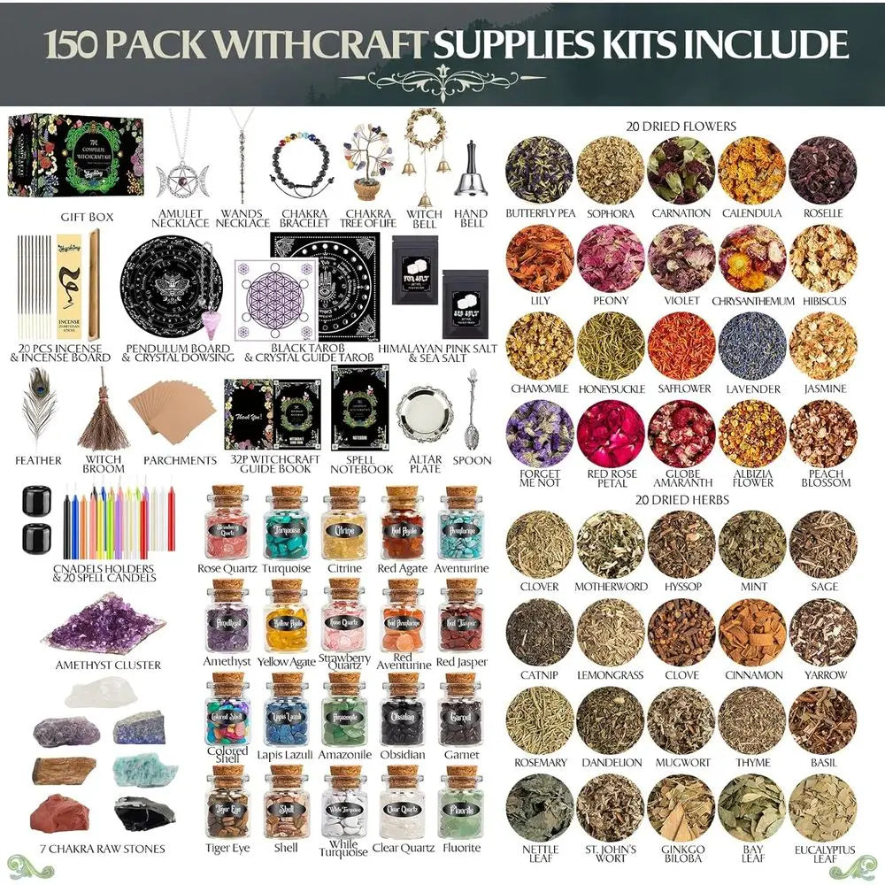 Complete 150-Piece Wiccan Starter Kit: Herbs, Crystals, Candles, Altar Essentials for Witchcraft Beginners