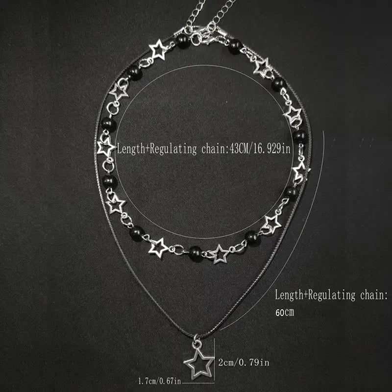 Fashion Double Layered Black Bead Star Choker Necklace Punk Pentagram Leather Rope Necklaces For Women Girls
