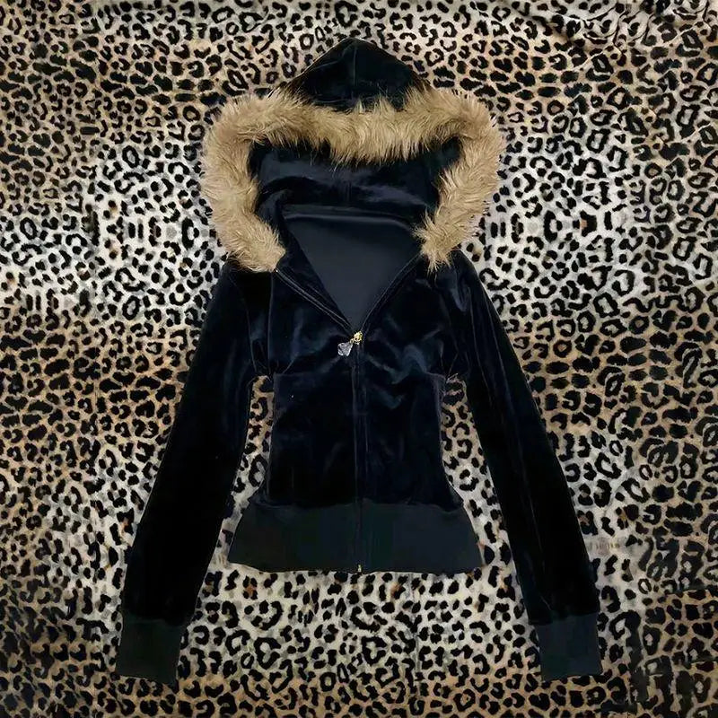 Y2K Spicy girl style plush hooded short zipper sweatshirt Studded white cropped Zip Hoodies personality Sweet Cool Zipper coat