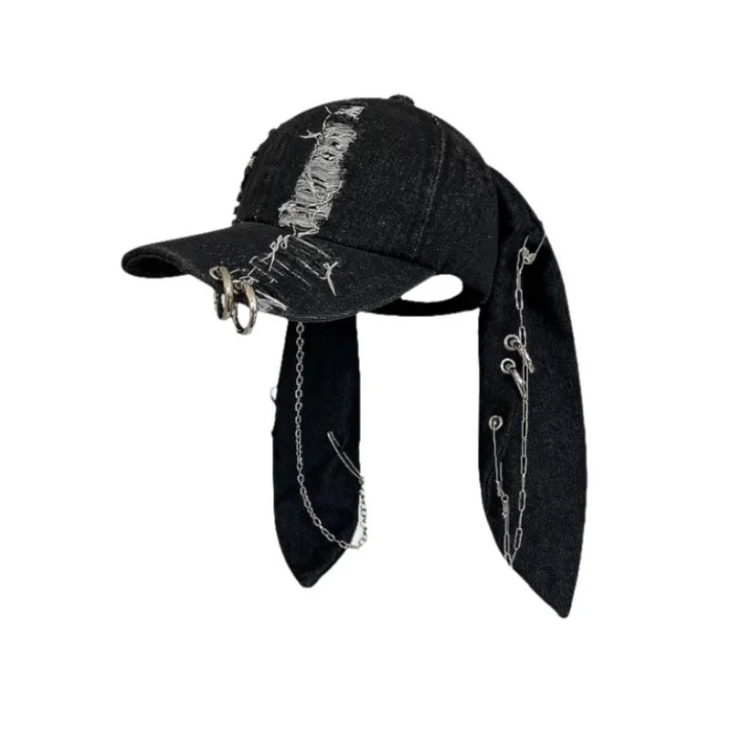 2026 New Y2k Rabbit Ears Denim Ripped Baseball Cap Men and Women Dark Personality Metal Ring Street Trend Adjustable Cosplay Hat