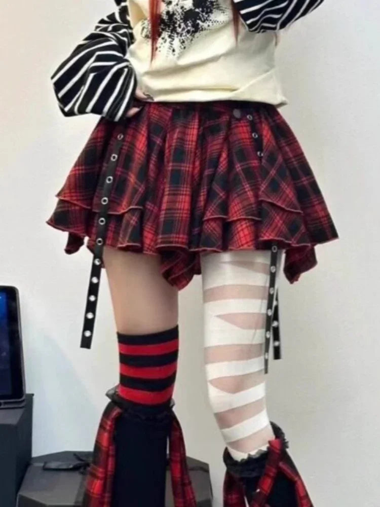 Asymmetrical Plaid Skirt with Straps High Waist Harajuku Mini Skirt Kpop Punk Gothic Red Black Tartan Skort Grunge Y2K Alt Girls