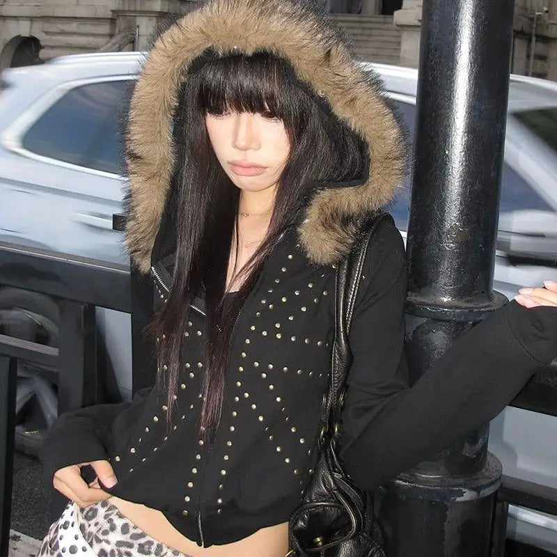Y2K Spicy girl style plush hooded short zipper sweatshirt Studded white cropped Zip Hoodies personality Sweet Cool Zipper coat