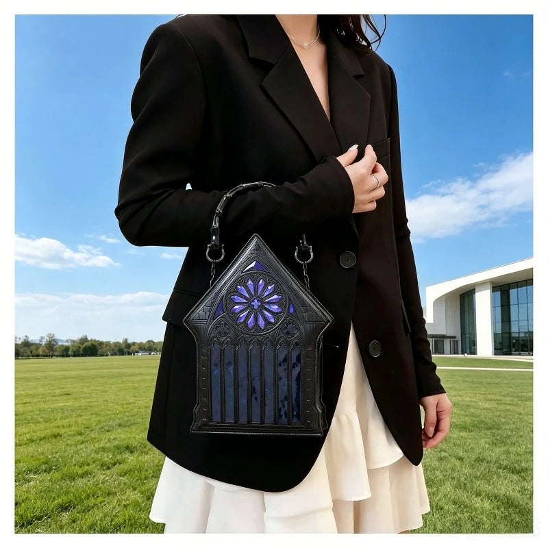 Niche Gothic Chapel Handbag for Women Unique Stained Glass Cathedral Tote Bag Bamboo Crossbody Bag for Dark Grunge Aesthetic