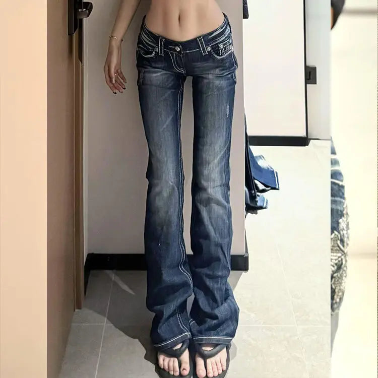 Women's Y2K Gothic Embroidery Hot Diamonds Denim Pants Harajuku Retro Hip Hop Low Waist Jeans Fashion Hot Girl Straight Jeans