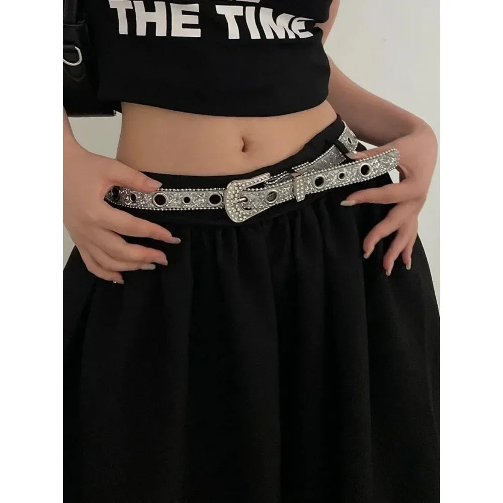 Y2K Fashion Punk Studded Full Rhinestone Belt PU Leather Bling Crystal Adjustable Glitter Waistband for Club Party Girls Gifts