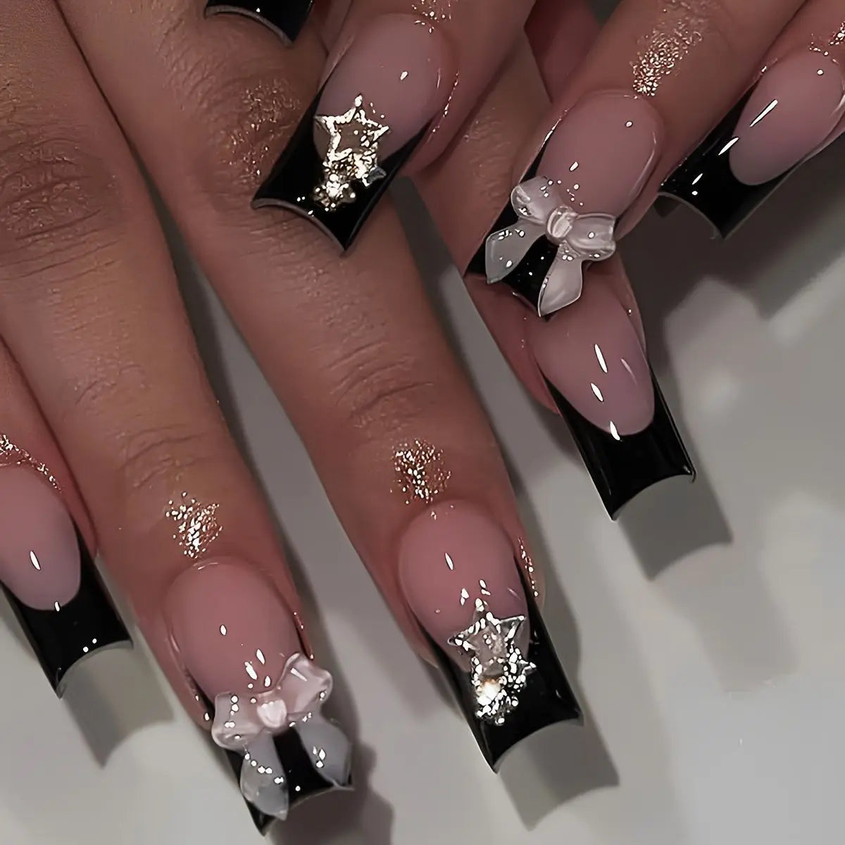 24Pcs Long Coffin French False Nails with Glue Bow Diamond Stick on Press on Acrylic Nails Black Ballerina Nail Art Manicure Tip