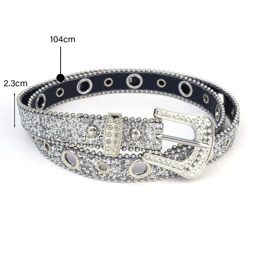 Y2K Fashion Punk Studded Full Rhinestone Belt PU Leather Bling Crystal Adjustable Glitter Waistband for Club Party Girls Gifts