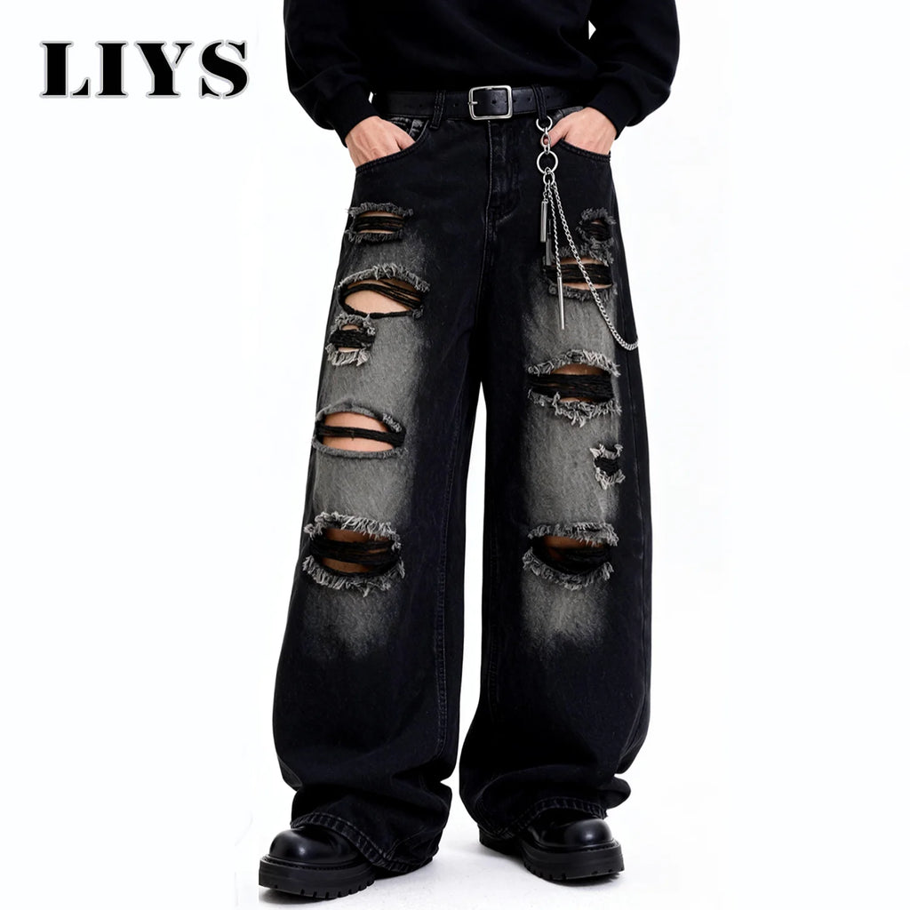 American Street Retro Men's Black Baggy Wide Leg Ripped Jeans Gothic Tear Style Unisex Loose Straight Leg Denim Pants Clothes