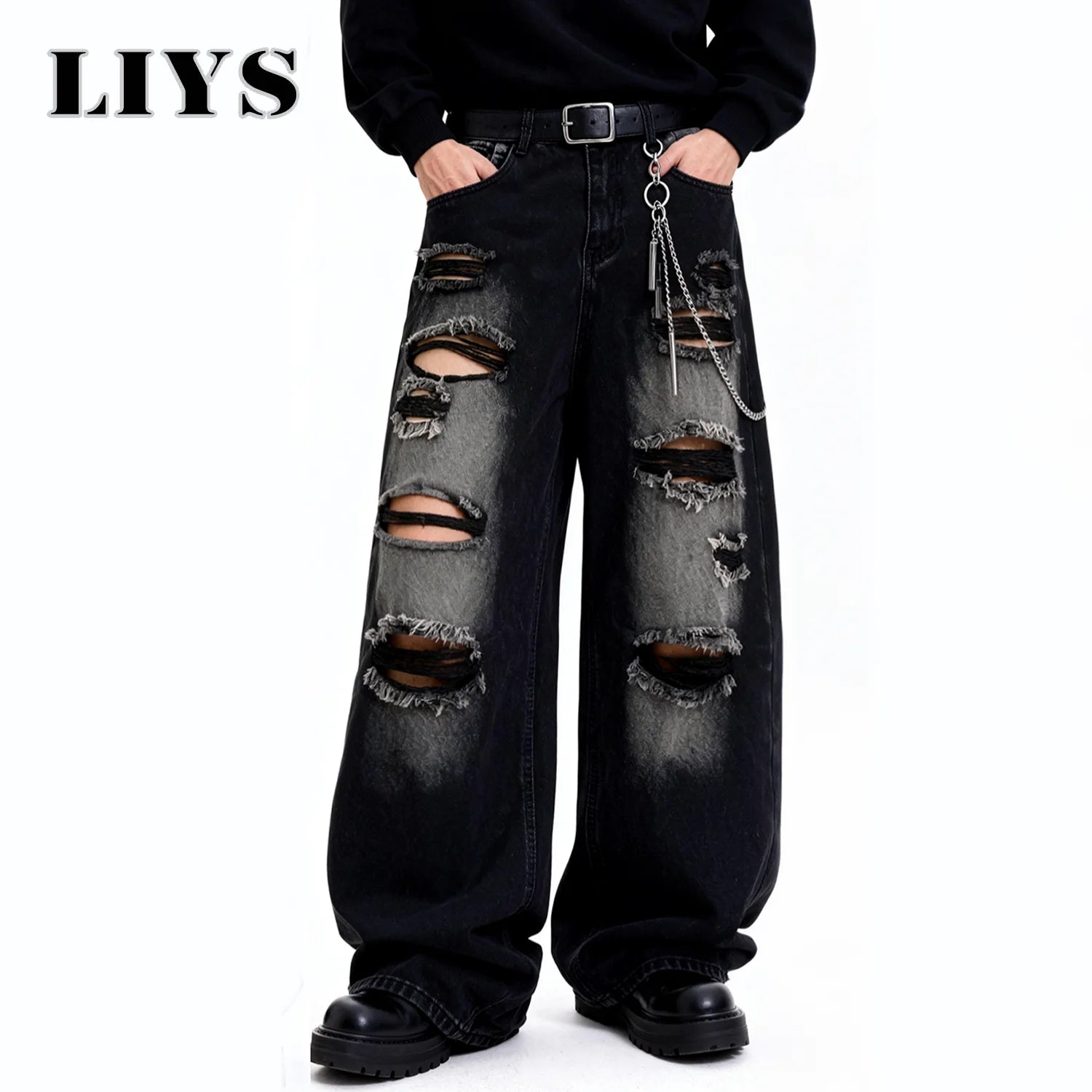 American Street Retro Men's Black Baggy Wide Leg Ripped Jeans Gothic Tear Style Unisex Loose Straight Leg Denim Pants Clothes