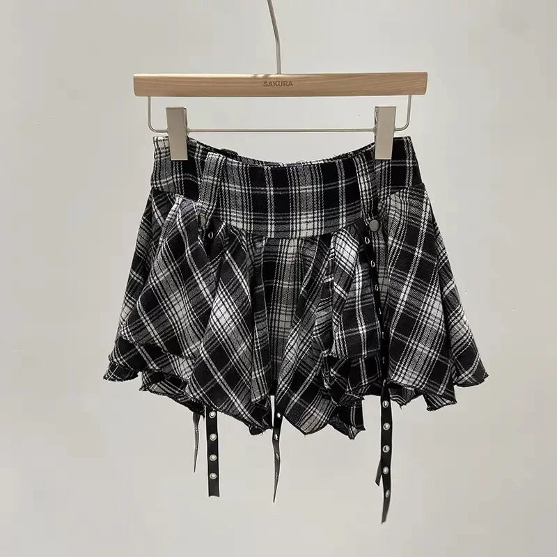 Asymmetrical Plaid Skirt with Straps High Waist Harajuku Mini Skirt Kpop Punk Gothic Red Black Tartan Skort Grunge Y2K Alt Girls
