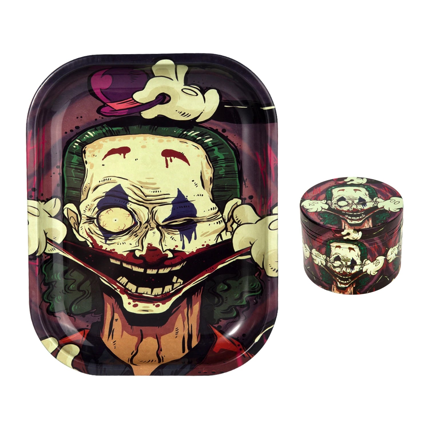 1/2 Pieces Spooky Clown Metal Rolling Tray and Herb Grinder