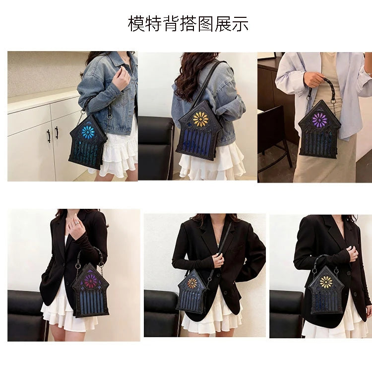 Niche Gothic Chapel Handbag for Women Unique Stained Glass Cathedral Tote Bag Bamboo Crossbody Bag for Dark Grunge Aesthetic