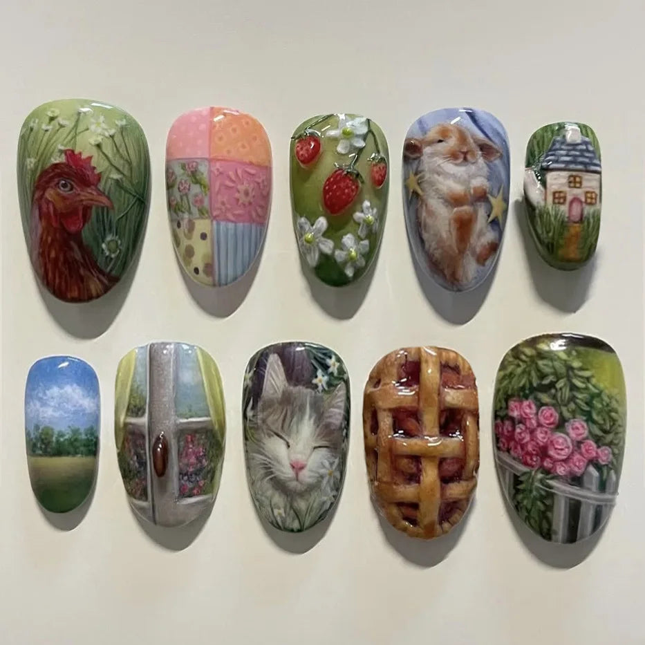 24pcs Vintage Country Style False Nails Cute Cartoon Little Lamb Rabbit Rose Printed Press On Nails Wave Point Bows Fake Nail