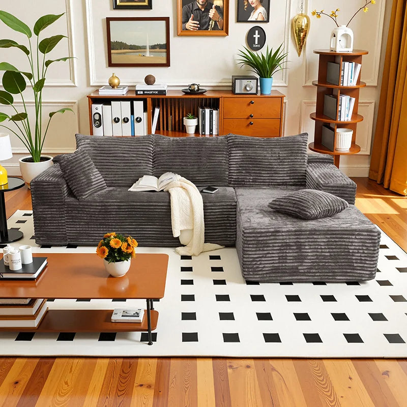 105Inch L-Shaped Living Room Sofa, No Assembly Required, Cozy Corduroy Fabric, Sofa Bed Convertible, Minimalist Deep Seat Design